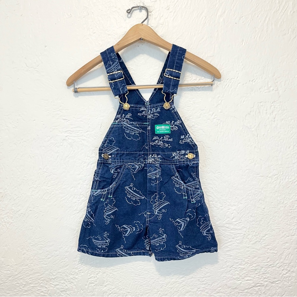 Vintage OshKosh B'gosh Overalls Denim Blue Boats 6 Toddler - Picture 1 of 11